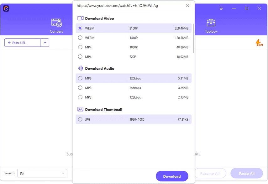 Choose desired format